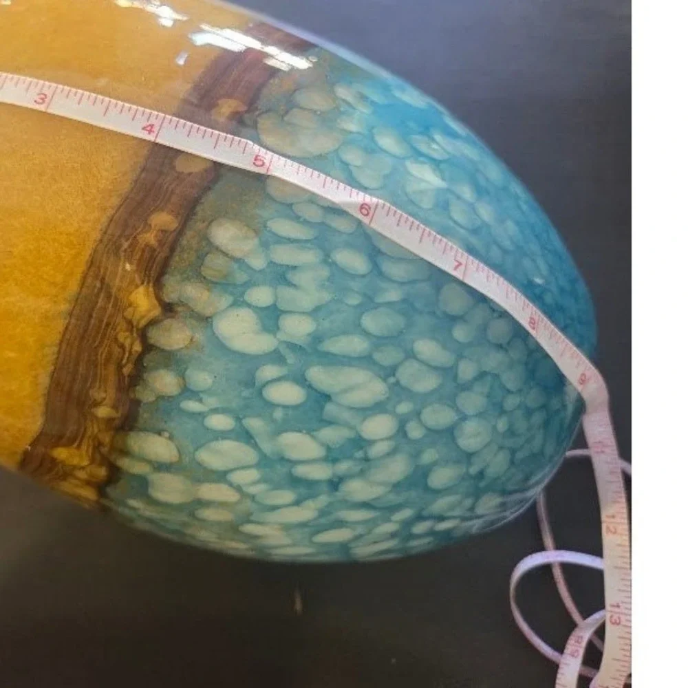 Art Glass Vase Ovoid Hand Blown Amber Blue White Bubble Speckle 8 Inch